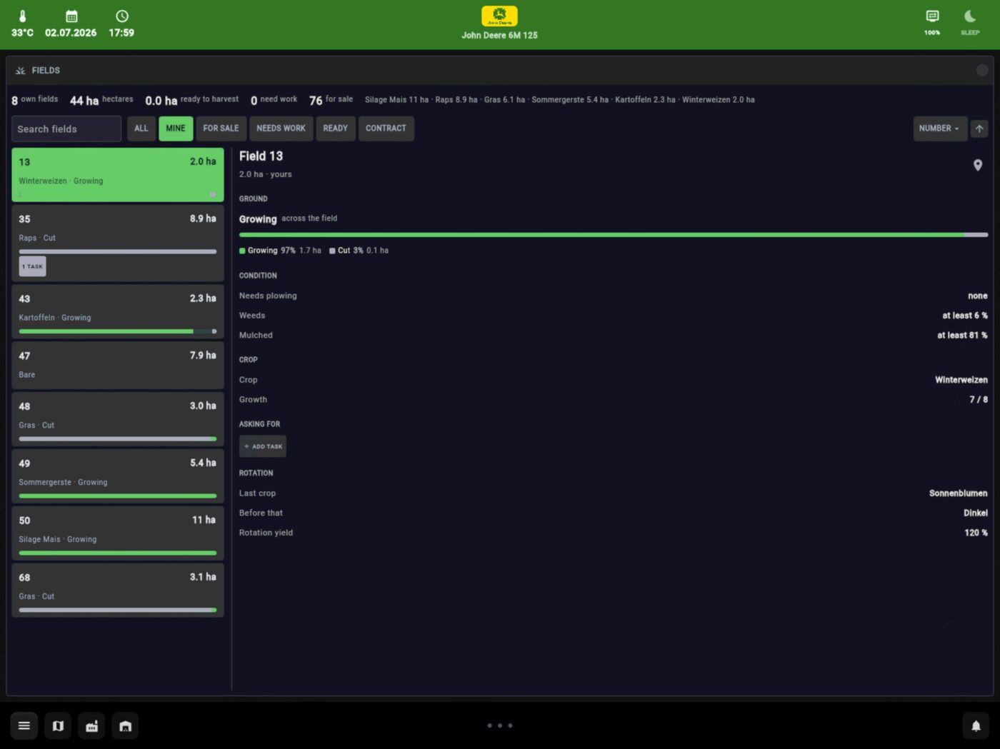 Fields: every field's crop, state and next job