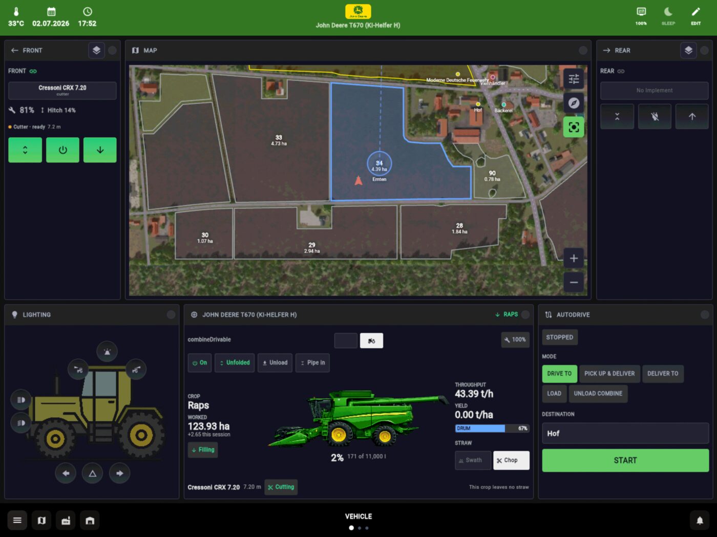 VDTerminal on a tablet, in a combine: map, harvest screen and AutoDrive